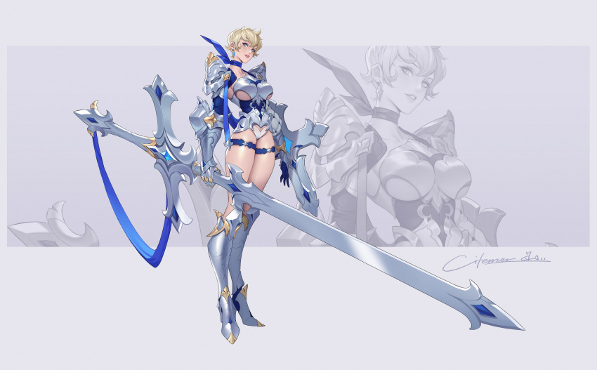 1girl absurdres armor armored_boots armored_leotard bikini_armor blonde_hair blue_eyes blue_neckwear boots breasts citemer earrings full_body gauntlets grey_background highres jewelry large_breasts original pauldrons shield short_hair shoulder_armor signature sword thigh_strap under_boob weapon