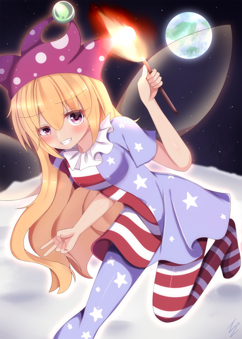 1girl american_flag_dress american_flag_legwear bangs blonde_hair blue_dress blue_pants blush breasts closed_mouth clownpiece dress earth_(planet) eyebrows_visible_through_hair eyes_visible_through_hair fairy_wings fire hair_between_eyes hand_up hat highres ibuibuyou jester_cap leg_up long_hair medium_breasts moon multicolored multicolored_clothes multicolored_dress multicolored_pants night night_sky no_shoes pants pink_eyes pink_headwear planet polka_dot red_dress red_pants running short_sleeves signature sky smile solo space star_(sky) star_(symbol) star_print starry_sky striped striped_dress striped_pants teeth torch touhou v white_dress white_pants wings