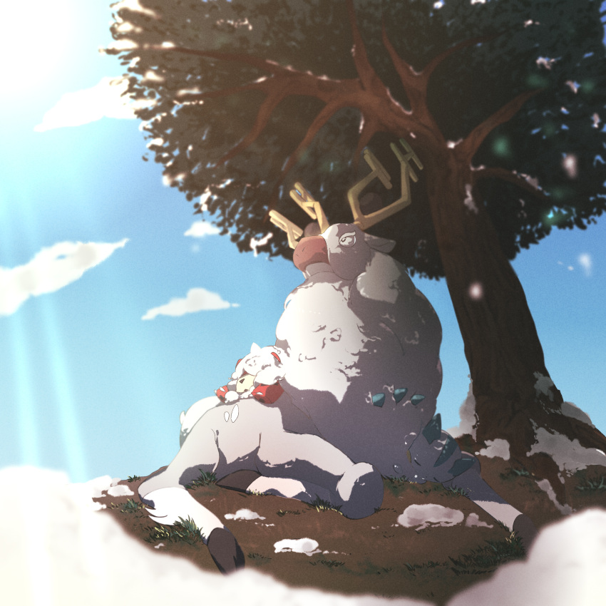 absurdres black_eyes bright_pupils closed_eyes closed_mouth clouds commentary_request day gen_4_pokemon grass highres hisuian_form hisuian_growlithe lying no_humans okome_(okomeey) outdoors pachirisu pokemon pokemon_(creature) sky sleeping tree white_pupils wyrdeer