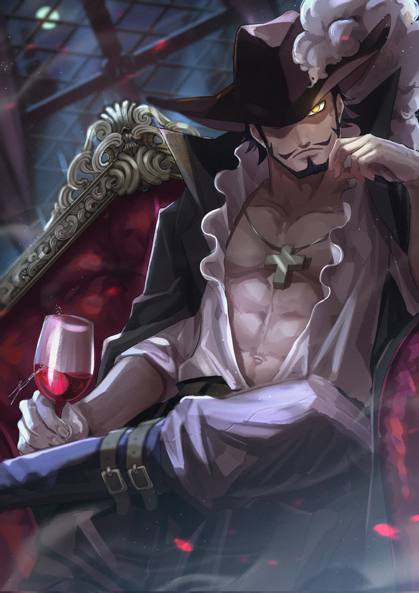 1boy abs alcohol armchair beard black_hair blurry blurry_background boots cape chair closed_mouth cross cross_necklace crossed_legs cup dracule_mihawk drink drinking_glass dutch_angle facial_hair fingernails fujitachobi full_moon glowing glowing_eye hat highres holding holding_cup indoors jewelry leaning_to_the_side looking_at_viewer moon mustache navel necklace night on_chair one_piece pants pectorals shirt short_hair sitting solo stomach toned toned_male window wine wine_glass yellow_eyes