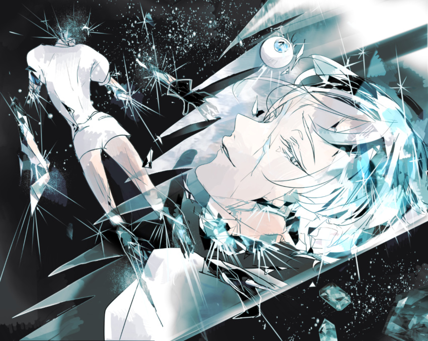 1other amputee androgynous antarcticite ao_rui colored_eyelashes commentary_request gem_uniform_(houseki_no_kuni) houseki_no_kuni looking_at_viewer quadruple_amputee shirt short_hair shorts silver_hair solo sparkle white_eyes white_hair