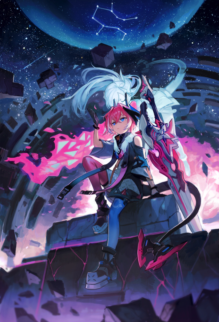 1girl absurdres asymmetrical_legwear bangs bare_shoulders black_gloves blue_eyes blue_legwear closed_mouth full_body gloves hair_between_eyes highres hologram honkai_(series) honkai_impact_3rd kupikuuu liliya_olenyeva long_hair looking_up mismatched_legwear moon nightgown outdoors pink_hair pink_legwear ponytail rozaliya_olenyeva shoes siblings sitting sneakers star_(sky) sword tail twins weapon