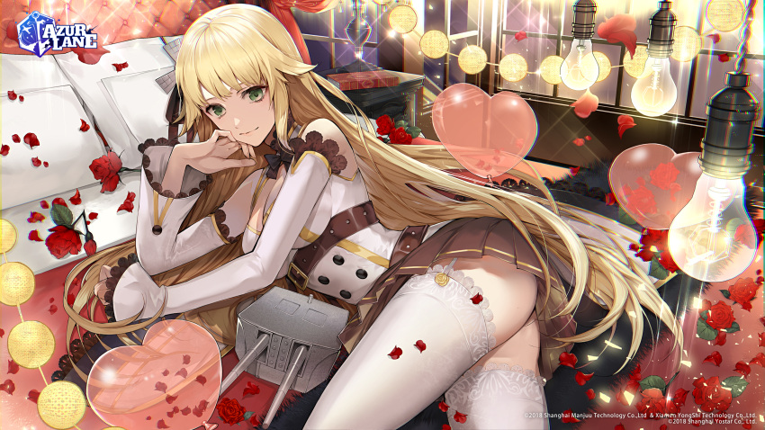 1girl ass aurora_(azur_lane) azur_lane balloon blonde_hair breasts brown_skirt buttons detached_sleeves double-breasted flower garter_straps green_eyes heart_balloon highres indoors jacket lace-trimmed_legwear lace_trim light_bulb long_hair lying medium_breasts miniskirt on_bed on_side petals pleated_skirt red_flower red_rose rose skirt solo tcb thigh-highs very_long_hair white_jacket white_legwear