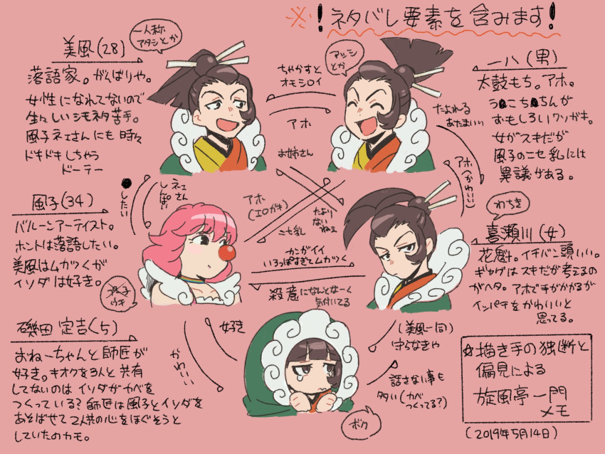 1girl 4boys ^_^ androgynous arrow_(symbol) bangs black_eyes blunt_bangs blush brown_eyes brown_hair child choker closed_eyes closed_mouth clown clown_nose collarbone commentary_request dated eyebrows_visible_through_hair eyeshadow flat_color gyakuten_saiban gyakuten_saiban_6 hair_bun half-closed_eyes hands_up haori happy head_tilt high_ponytail highres japanese_clothes jpeg_artifacts kimono light_blush looking_at_viewer looking_to_the_side makeup multicolored multicolored_clothes multicolored_kimono multiple_boys multiple_persona open_mouth pink_background pink_eyeshadow pink_hair raised_eyebrow sad senpuutei_bifuu senpuutei_puuko shiny shiny_hair sidelocks sideways_mouth simple_background sketch sleeveless smile speech_bubble talking tears text_focus tiduco tied_hair translation_request upper_body v-shaped_eyebrows wavy_mouth