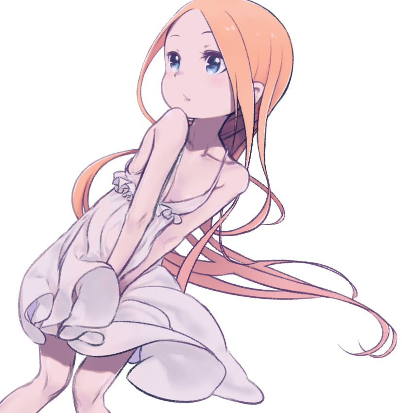 1girl abigail_williams_(fate) absurdres bangs bare_shoulders blonde_hair blue_eyes blush breasts collarbone daisi_gi dress fate/grand_order fate_(series) forehead highres long_hair looking_to_the_side parted_bangs small_breasts solo thighs white_dress