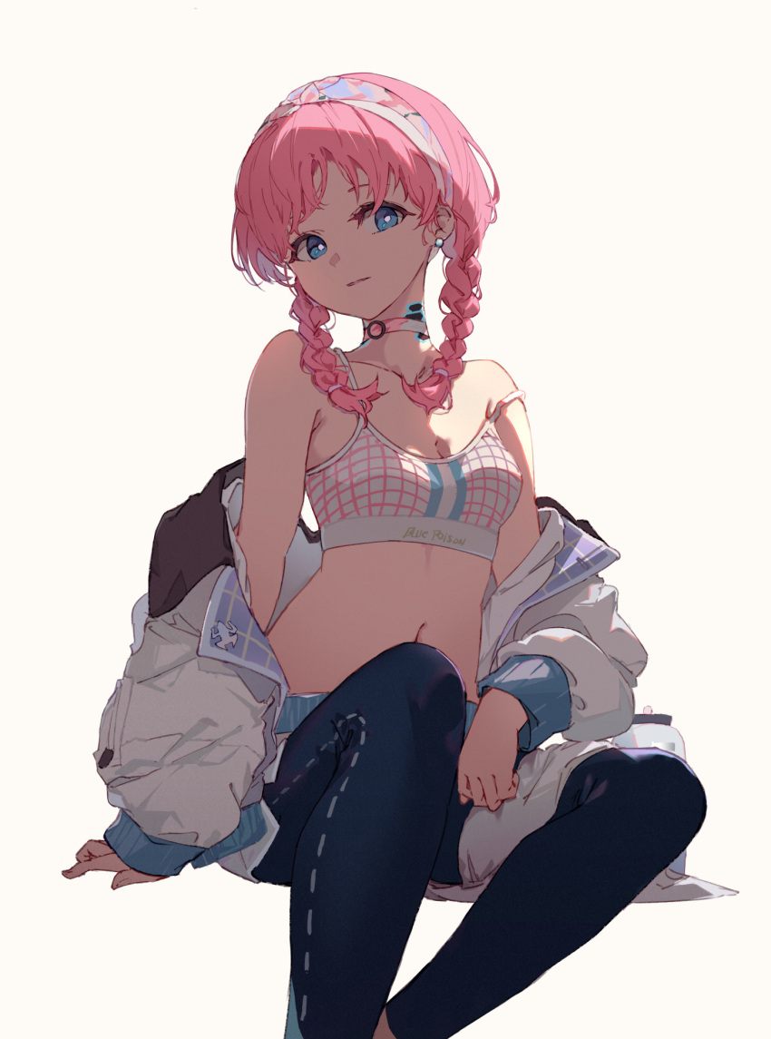 1girl arknights arm_support black_pants blue_eyes blue_poison_(arknights) blue_poison_(shoal_beat)_(arknights) bottle braid breasts choker collarbone commentary earrings feet_out_of_frame fujimaki_nora hairband highres jacket jewelry looking_at_viewer medium_hair midriff navel o-ring o-ring_choker off_shoulder official_alternate_costume open_clothes open_jacket pants pink_choker pink_hair scales simple_background sitting solo sports_bra strap_slip water_bottle white_background white_jacket white_sports_bra