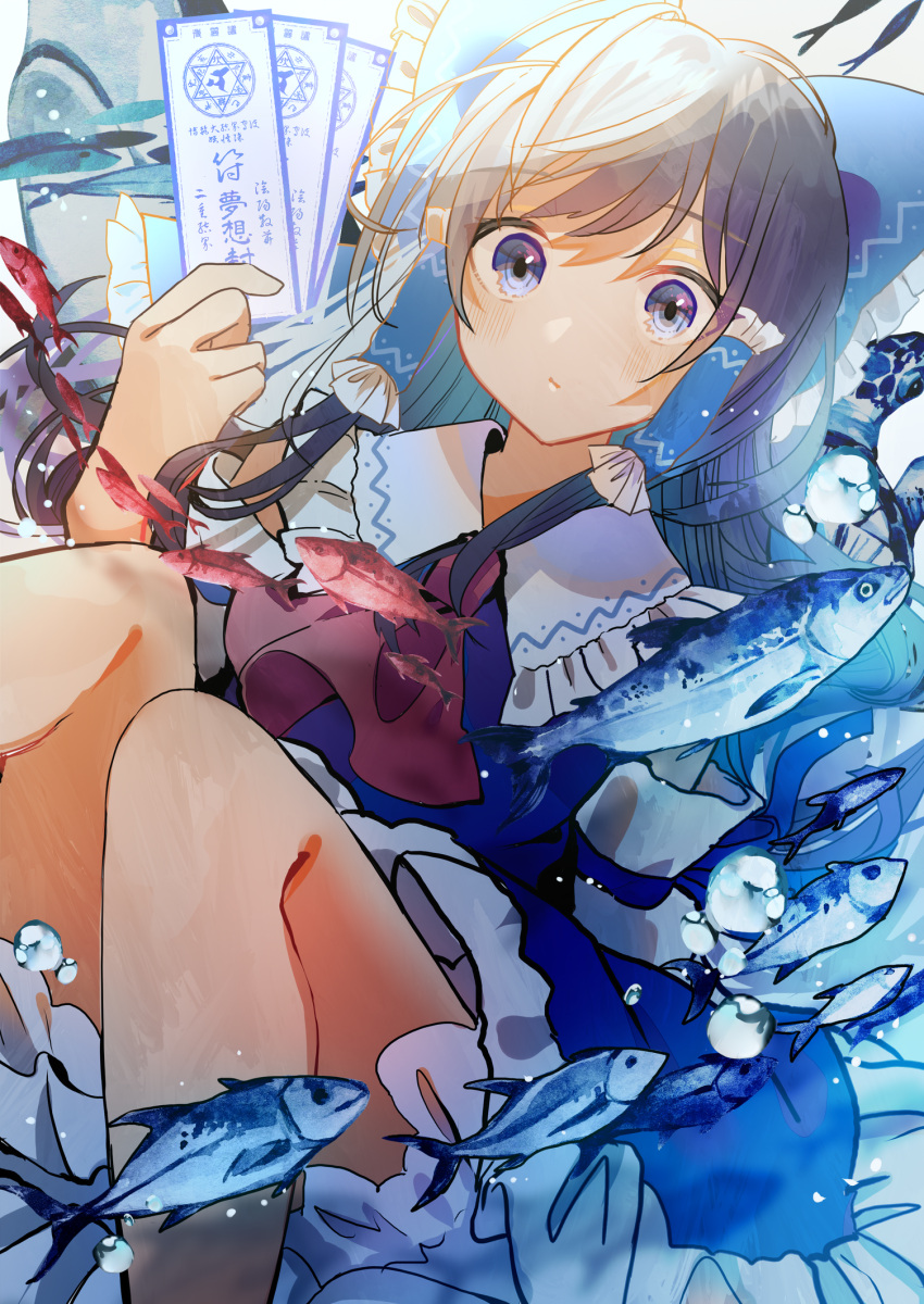 1girl amulet ascot bangs bare_shoulders blue_bow blue_dress blue_eyes boots bow brown_footwear closed_mouth collar detached_sleeves dress eyebrows_visible_through_hair fish frills grey_hair hair_ornament hair_tubes hakurei_reimu hand_up highres light long_hair long_sleeves looking_at_viewer red_neckwear solo tamagogayu1998 touhou water wide_sleeves