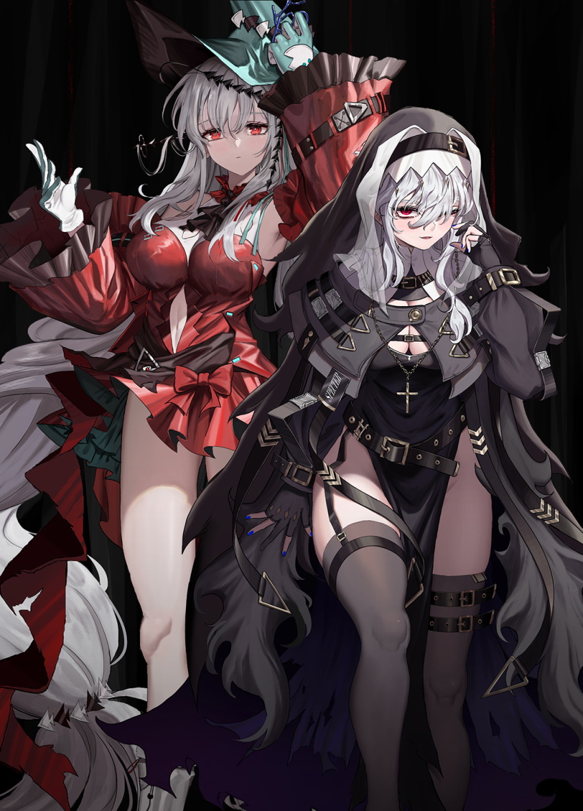 2girls arknights arm_up armpits bangs black_background black_legwear blue_headwear breasts capitan_wei clothing_cutout commentary_request cross cross_necklace dress gloves habit hair_between_eyes highres jewelry large_breasts long_hair long_sleeves multiple_girls navel navel_cutout necklace parted_lips red_dress red_eyes silver_hair simple_background skadi_(arknights) skadi_the_corrupting_heart_(arknights) specter_(arknights) thigh-highs thighs very_long_hair wide_sleeves