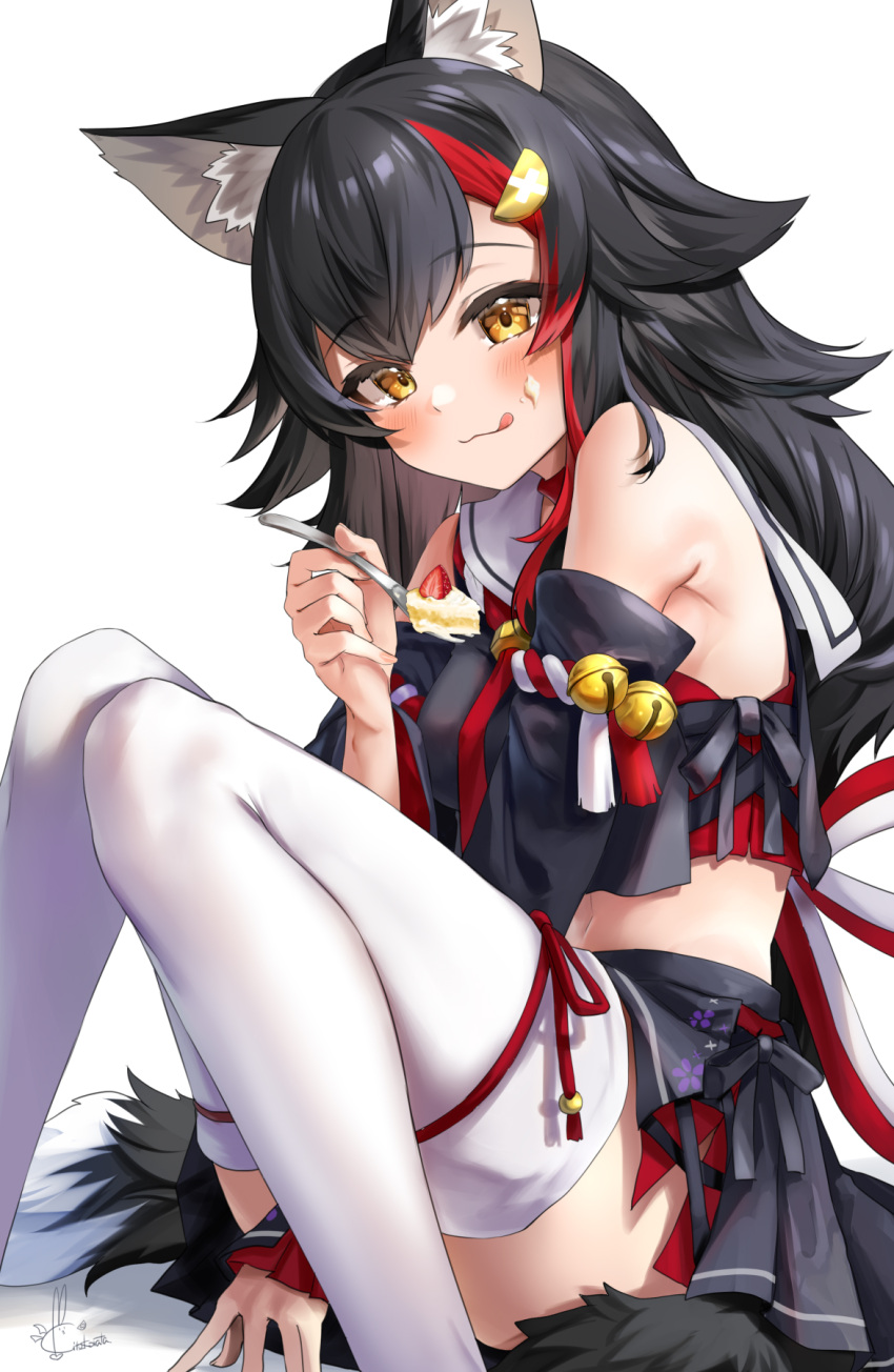 1girl animal_ear_fluff animal_ears bangs bell black_hair blush cake cake_slice eating eyebrows_visible_through_hair food food_on_face fork hair_ornament hairclip highres holding holding_fork hololive kito_koruta licking_lips looking_at_viewer midriff multicolored_hair navel ookami_mio redhead signature sitting solo strawberry_slice streaked_hair tail thigh-highs tongue tongue_out virtual_youtuber wolf_ears wolf_girl wolf_tail yellow_eyes