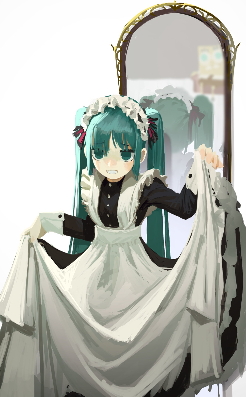 1boy 1girl absurdres aqua_eyes aqua_hair armchair bangs blue_eyes blurry chair clenched_teeth commentary depth_of_field english_commentary eyebrows_visible_through_hair feet_out_of_frame hair_ornament hair_over_one_eye hatsune_miku highres holding holding_clothes holding_skirt long_hair long_skirt long_sleeves looking_at_viewer maid maid_headdress mirror reflection sidelocks simple_background sitting skirt smile sponge spongebob_squarepants spongebob_squarepants_(character) standing teeth topdylan twintails very_long_hair vocaloid white_background