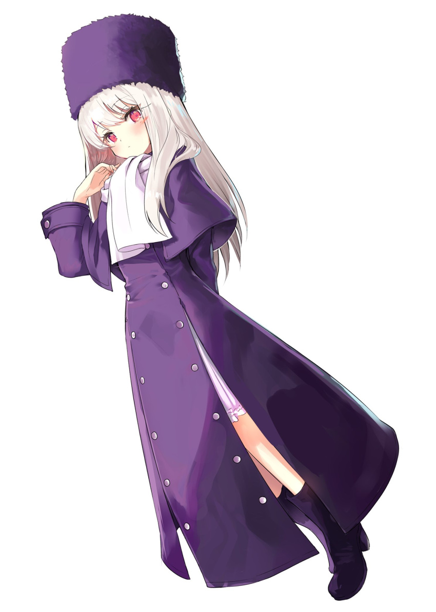 1girl bangs black_footwear blush boots commentary eyebrows_visible_through_hair fate/stay_night fate_(series) full_body hat highres illyasviel_von_einzbern jacket long_hair looking_at_viewer miruto_netsuki purple_headwear purple_jacket red_eyes scarf simple_background solo standing white_background white_hair white_scarf