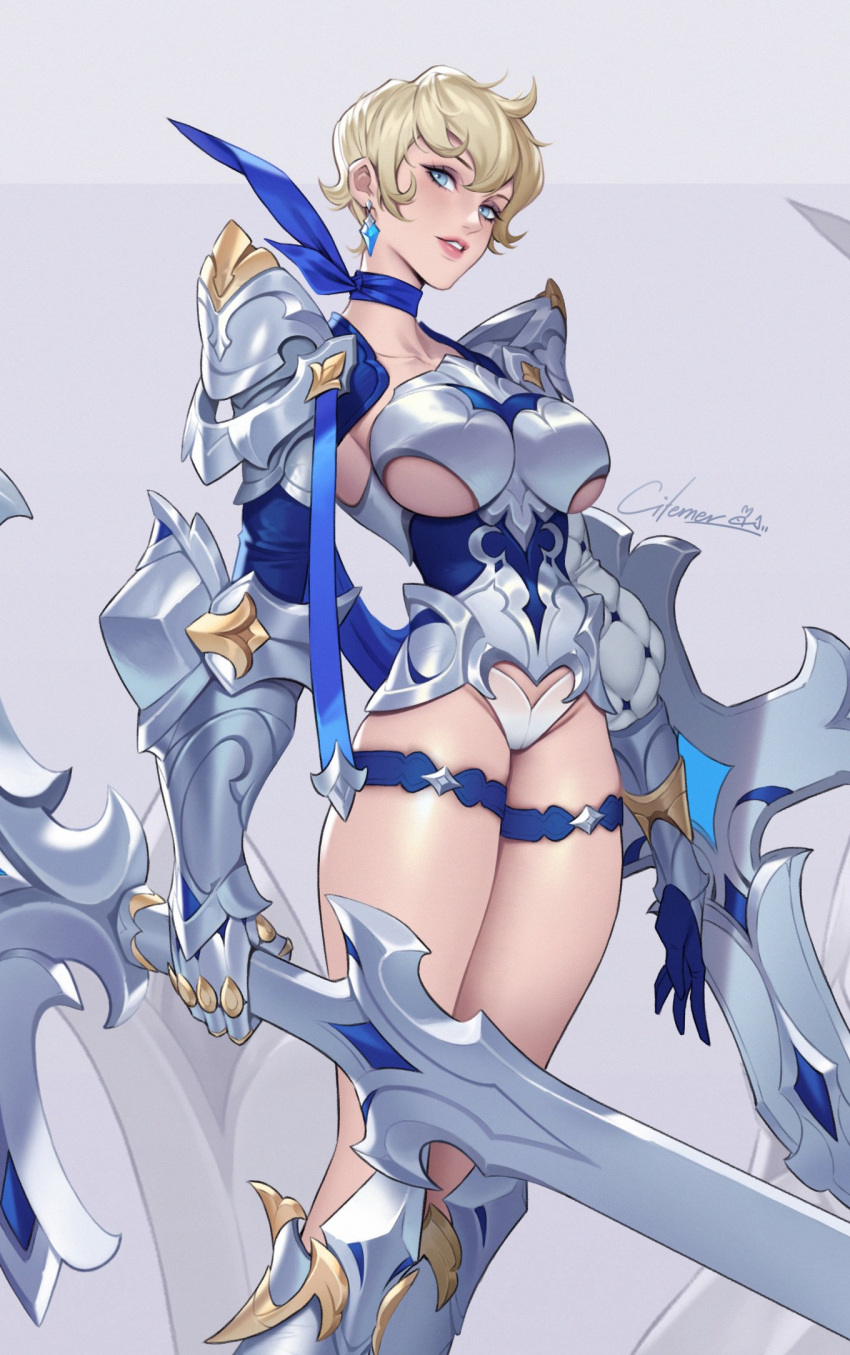 1girl armor armored_boots armored_leotard bikini_armor blonde_hair blue_eyes blue_neckwear boots breasts citemer earrings gauntlets grey_background highres jewelry large_breasts original pauldrons shield short_hair shoulder_armor sword thigh_strap under_boob weapon