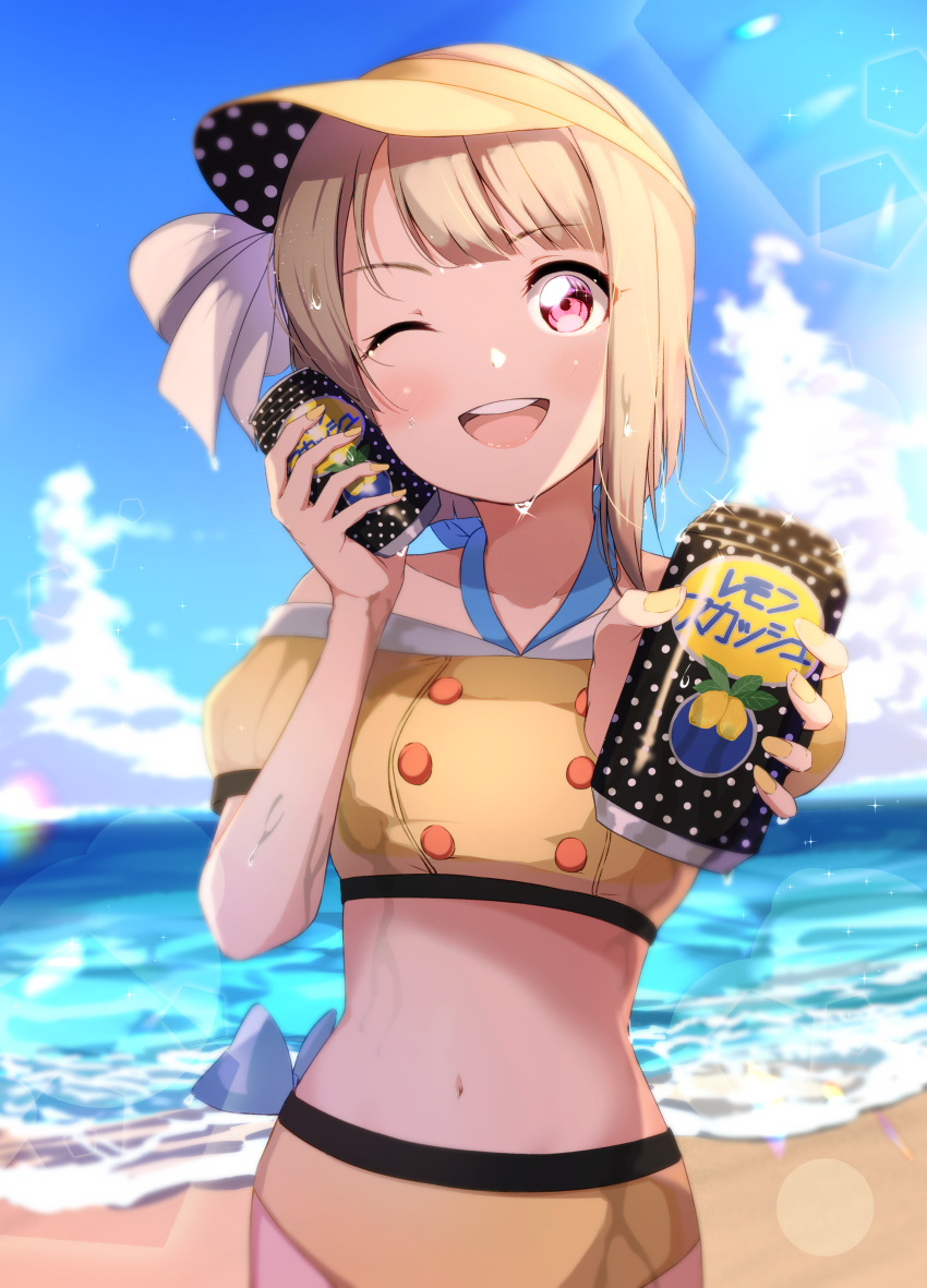 1girl absurdres asymmetrical_hair bangs beach bikini bikini_bottom blue_sky blunt_bangs blush bow can clouds commentary_request day drink food fruit hat hat_bow highres holding holding_can holding_drink incoming_drink lemon lens_flare light_brown_hair love_live! midriff nail_polish nakasu_kasumi navel ocean one_eye_closed open_mouth pink_eyes product_placement sand shiny shiny_hair short_hair sky smile solo sophiaenju sunlight swimsuit upper_body upper_teeth visor_cap water wet yellow_bikini yellow_headwear yellow_nails