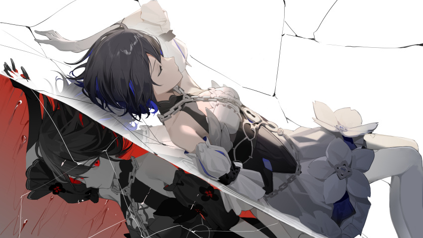 2girls absurdres antenna_hair bangs bare_shoulders black_dress blue_hair chain closed_eyes closed_mouth crack different_reflection dress dual_persona hair_between_eyes highres honkai_(series) honkai_impact_3rd kuo_(kuo114514) looking_at_viewer lying multiple_girls on_back red_background red_eyes redhead reflection seele_(alter_ego) seele_vollerei seele_vollerei_(stygian_nymph) short_hair sleeveless sleeveless_dress thigh-highs two-tone_background white_background white_dress white_legwear