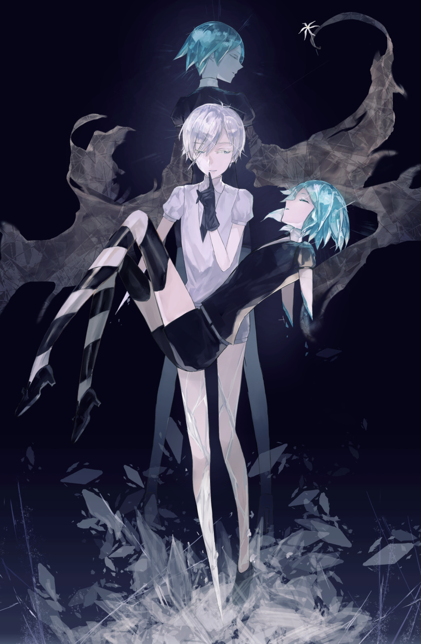 2others absurdres amputee androgynous antarcticite bangs black_gloves broken closed_eyes colored_eyelashes commentary_request cracked_skin crystal_hair double_amputee eyebrows_visible_through_hair finger_to_mouth gem_uniform_(houseki_no_kuni) gloves green_hair high_heels highres houseki_no_kuni looking_at_viewer multiple_others necktie phosphophyllite short_hair short_sleeves shorts shushing silver_hair smile thkani white_eyes white_hair