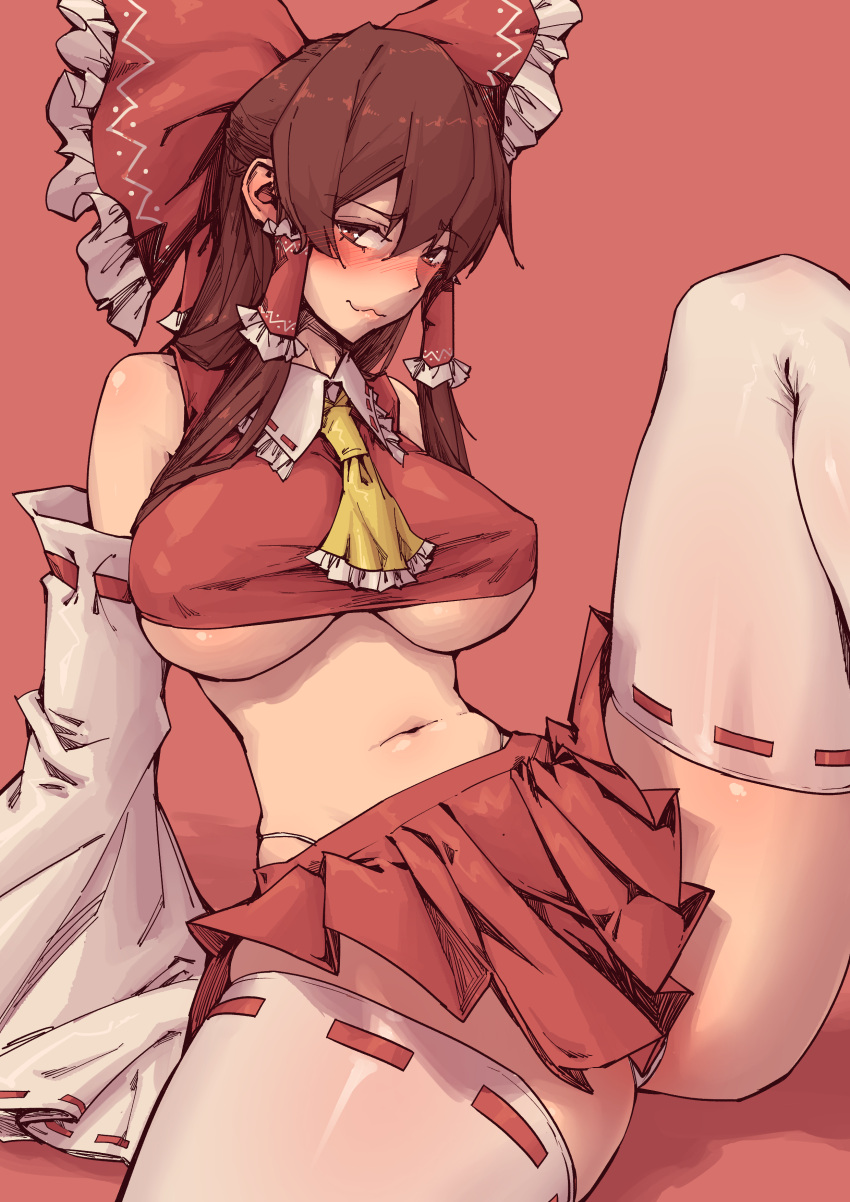 1girl :3 absurdres ascot bangs bare_shoulders blush bow breasts brown_eyes brown_hair closed_mouth detached_sleeves eyebrows_visible_through_hair hair_bow hair_tubes hakurei_reimu highres knee_up large_breasts looking_at_viewer medium_hair navel nontraditional_miko panties red_background red_bow red_skirt ribbon-trimmed_legwear ribbon-trimmed_sleeves ribbon_trim simple_background sitting skirt smile solo stank thigh-highs touhou under_boob underwear white_legwear white_panties wide_sleeves yellow_neckwear