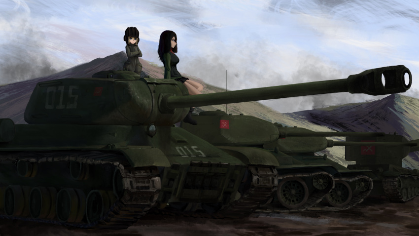 2girls absurdres artist_request black_hair blonde_hair blue_eyes breasts caterpillar_tracks commentary_request day emblem girls_und_panzer ground_vehicle highres is-2 katyusha_(girls_und_panzer) kv-2 long_hair military military_vehicle motor_vehicle mountain multiple_girls nonna_(girls_und_panzer) pravda_(emblem) pravda_military_uniform russian_commentary short_hair sky smile t-34 t-34-85 tank tank_helmet