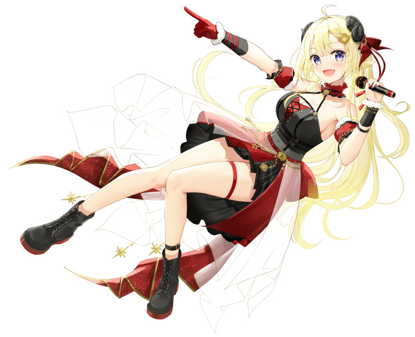1girl alpha_transparency arm_strap asymmetrical_gloves bangs black_dress blonde_hair blush breasts dress eyebrows_visible_through_hair fuumi_(radial_engine) gloves hair_between_eyes hair_ornament halter_dress halterneck highres holding holding_microphone hololive horns long_hair looking_at_viewer medium_breasts microphone official_art open_mouth outstretched_arm pointing red_gloves second-party_source sheep_girl sheep_horns showgirl_skirt sidelocks single_glove sleeveless sleeveless_dress solo thigh_strap tsunomaki_watame violet_eyes virtual_youtuber