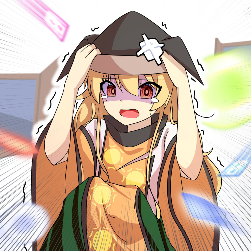 1girl amulet arms_up bandaid bangs black_headwear blonde_hair brown_headwear cape constellation constellation_print danmaku detached_sleeves door eyebrows_visible_through_hair eyes_visible_through_hair green_skirt hair_between_eyes hands_on_headwear hands_up hat highres long_hair long_sleeves looking_to_the_side matara_okina open_mouth orange_cape orange_sleeves red_eyes shaded_face shirt sitting skirt solo touhou white_background white_shirt wide_sleeves yu_cha