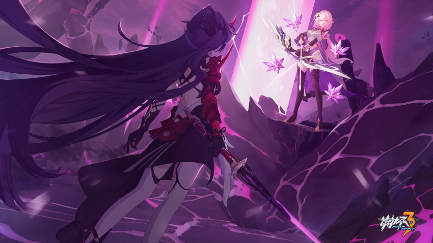 2girls :d armor arrow_(projectile) asymmetrical_gloves back backless_outfit bangs black_gloves boots bow_(weapon) brown_footwear brown_shorts elysia_(honkai_impact) full_body gauntlets gloves hair_between_eyes hair_ornament highres holding holding_arrow holding_bow_(weapon) holding_sword holding_weapon honkai_(series) honkai_impact_3rd horns japanese_armor katana long_hair looking_at_another mismatched_gloves multiple_girls open_mouth pink_eyes pink_hair pointy_ears ponytail raiden_mei raiden_mei_(herrscher_of_thunder) shorts single_gauntlet slimetan smile standing sword thigh-highs thigh_boots weapon white_legwear
