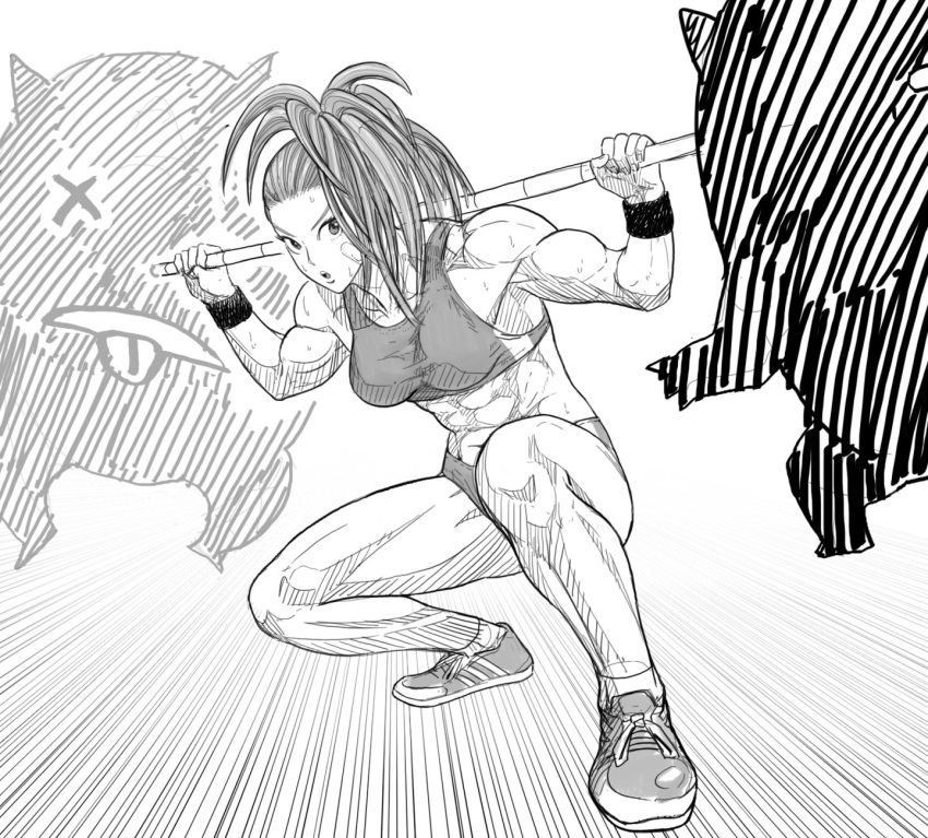 1girl abs bare_shoulders breasts buruma captain_mizuki fighting_stance greyscale high_ponytail highres holding holding_staff looking_at_viewer medium_breasts monochrome muscular muscular_female navel one-punch_man parted_lips shoes side_ponytail solo sports_bra squatting staff sweat wristband y_naf