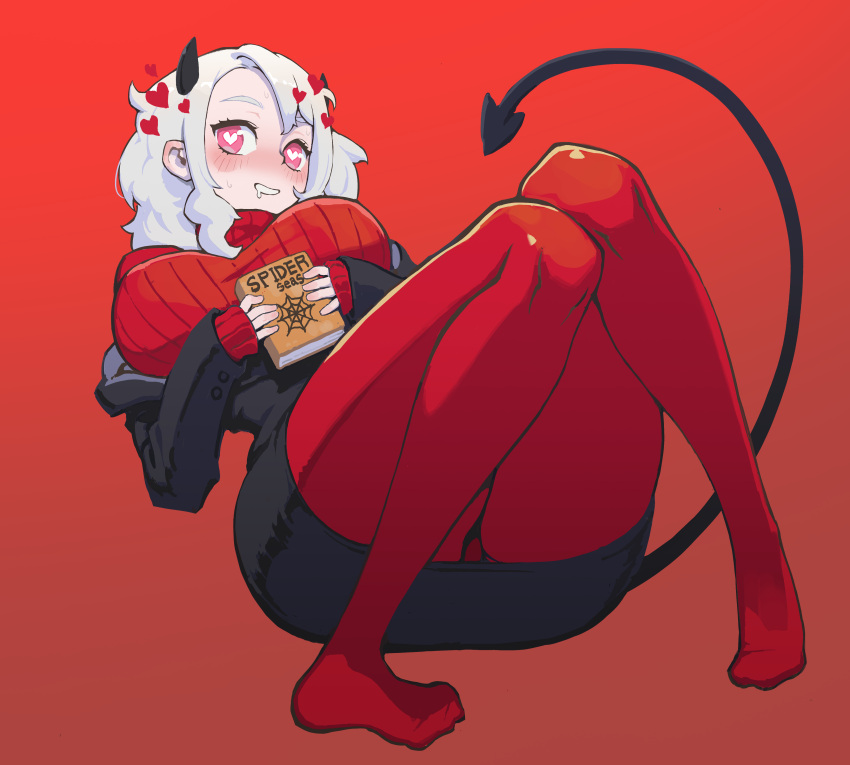 1girl absurdres ass book breasts demon_horns demon_tail drooling grin heart heart-shaped_pupils helltaker hibaneim highres horns modeus_(helltaker) pantyhose pink_eyes red_background red_legwear simple_background skirt sleeves_past_wrists smile solo sweater symbol-shaped_pupils tail turtleneck turtleneck_sweater white_hair