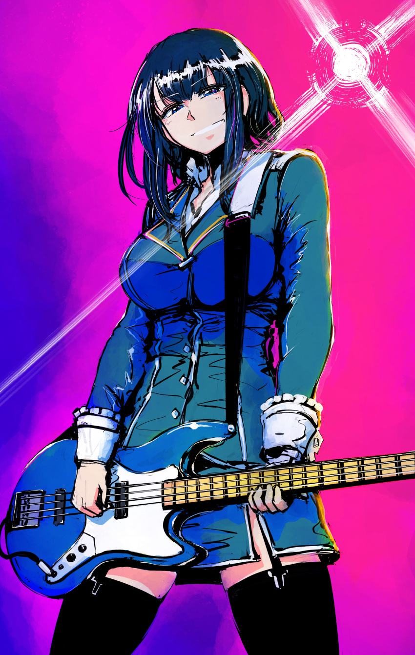 1girl absurdres bangs bass_guitar black_hair black_legwear blue_eyes breasts eyebrows_visible_through_hair garter_straps grin highres holding holding_instrument ifs_(sakagami_syu) instrument kantai_collection large_breasts long_sleeves looking_at_viewer military military_uniform multicolored multicolored_background short_hair_with_long_locks simple_background smile solo takao_(kancolle) thigh-highs uniform