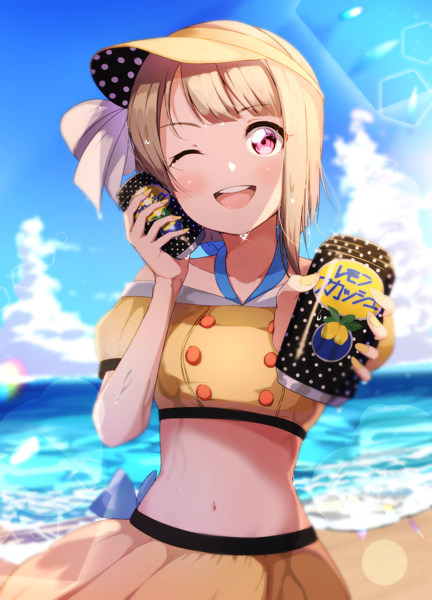1girl absurdres asymmetrical_hair bangs beach bikini bikini_skirt blue_sky blunt_bangs blush bow can clouds commentary_request day drink food fruit hat hat_bow highres holding holding_can holding_drink incoming_drink lemon lens_flare light_brown_hair love_live! midriff nail_polish nakasu_kasumi navel ocean one_eye_closed open_mouth pink_eyes product_placement sand shiny shiny_hair short_hair sky smile solo sophiaenju sunlight swimsuit upper_body upper_teeth visor_cap water wet yellow_bikini yellow_headwear yellow_nails