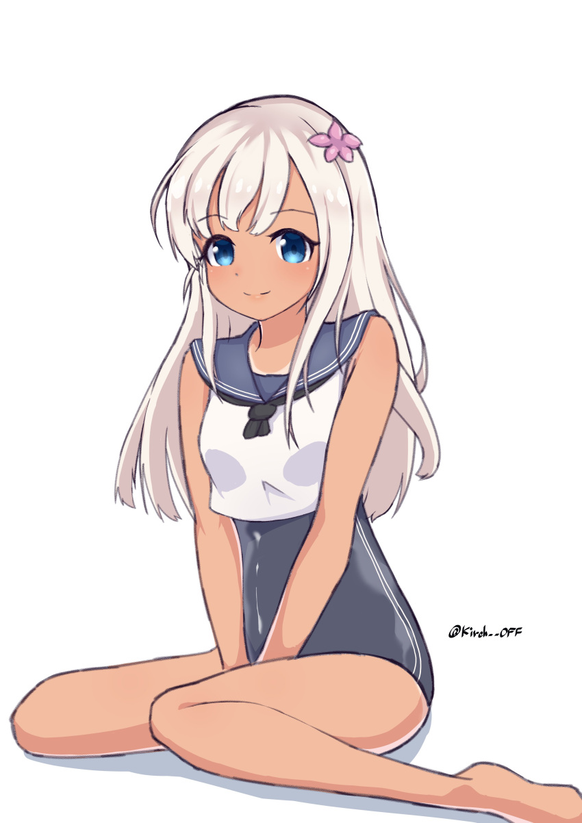 1girl absurdres black_neckwear blonde_hair blue_eyes blue_sailor_collar blue_swimsuit crop_top flower hair_flower hair_ornament highres kantai_collection kirchoff looking_at_viewer neckerchief one-hour_drawing_challenge one-piece_tan ro-500_(kancolle) sailor_collar school_swimsuit shirt simple_background sitting sleeveless sleeveless_shirt solo swimsuit swimsuit_under_clothes tan tanlines wariza white_background white_shirt