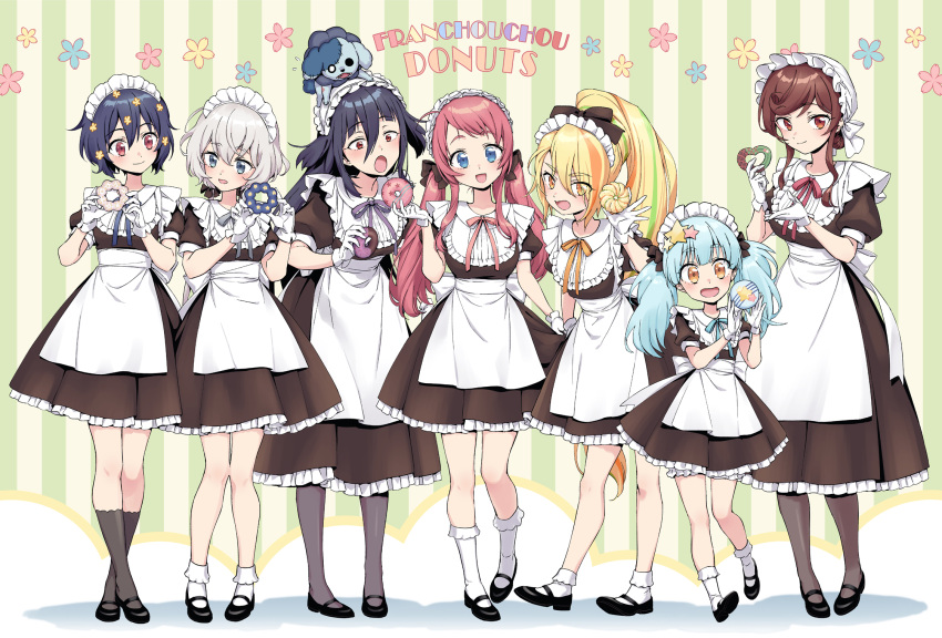 6+girls alternate_costume alternate_hairstyle animal_on_head apron bangs black_hair black_legwear bliss_(ferment_factory) blonde_hair blue_eyes blue_hair bonnet breasts brown_hair dessert dog dog_on_head doughnut dress everyone eyebrows_visible_through_hair eyes_visible_through_hair flower food frilled_dress frilled_shirt_collar frills full_body gloves hair_between_eyes hair_flower hair_ornament highres holding holding_food hoshikawa_lily konno_junko light_blue_hair long_hair looking_at_another looking_at_food looking_at_viewer maid maid_apron maid_headdress medium_hair minamoto_sakura mizuno_ami multiple_girls neck_ribbon nikaidou_saki on_head open_mouth orange_eyes pantyhose ponytail red_eyes redhead ribbon romero_(zombie_land_saga) short_hair short_sleeves side-by-side side_ahoge skirt_hold socks star_(symbol) star_hair_ornament striped striped_background symbol-only_commentary twintails very_long_hair white_gloves white_hair yamada_tae yuugiri_(zombie_land_saga) zombie_land_saga