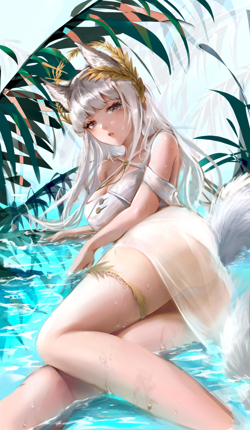 1girl absurdres animal_ears arknights arm_support ass bangs bare_shoulders breasts commentary_request dress eyebrows_visible_through_hair feet_out_of_frame grey_eyes highres horse_ears horse_girl horse_tail large_breasts laurel_crown leaf legs long_hair looking_at_viewer lying official_alternate_costume on_side parted_lips platinum_(arknights) platinum_(shimmering_dew)_(arknights) see-through short_sleeves sishima solo tail thigh_strap water wet white_dress white_hair