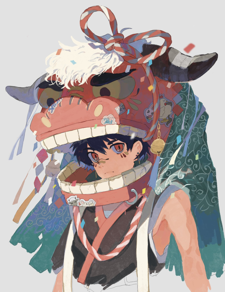 1boy bandaid bell black_hair chinese_clothes chinese_zodiac closed_mouth costume cow cowbell earrings highres horns jewelry kakuremino_(mnt55) looking_at_viewer mouth_hold original red_eyes serious simple_background solo standing tattoo