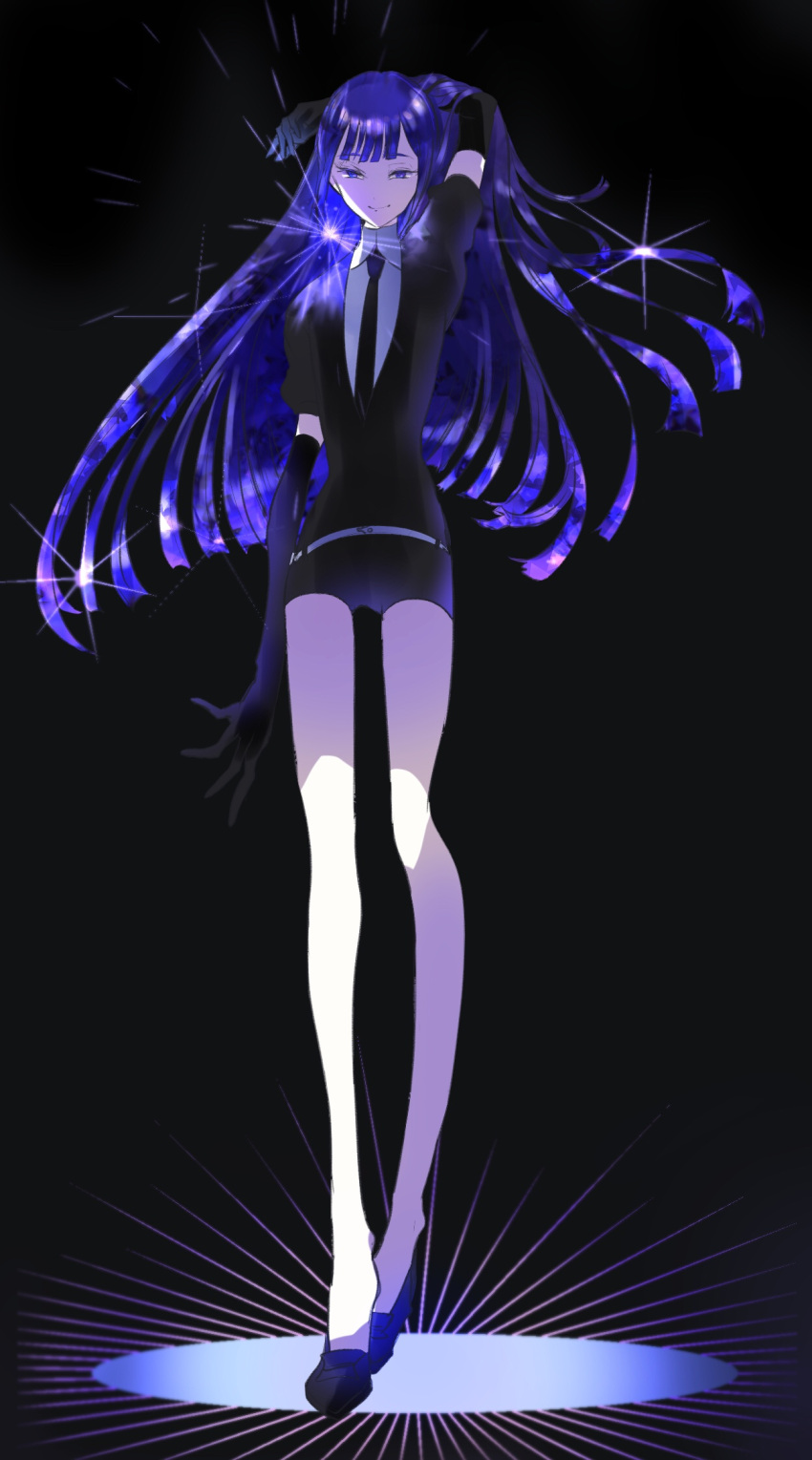 1other androgynous arm_up bangs black_background black_neckwear blue_eyes blue_hair blunt_bangs commentary_request crystal_hair elbow_gloves eyebrows_visible_through_hair full_body gem_uniform_(houseki_no_kuni) gloves highres houseki_no_kuni kayanogura lapis_lazuli_(houseki_no_kuni) long_hair looking_at_viewer necktie short_sleeves shorts simple_background smile solo sparkle standing