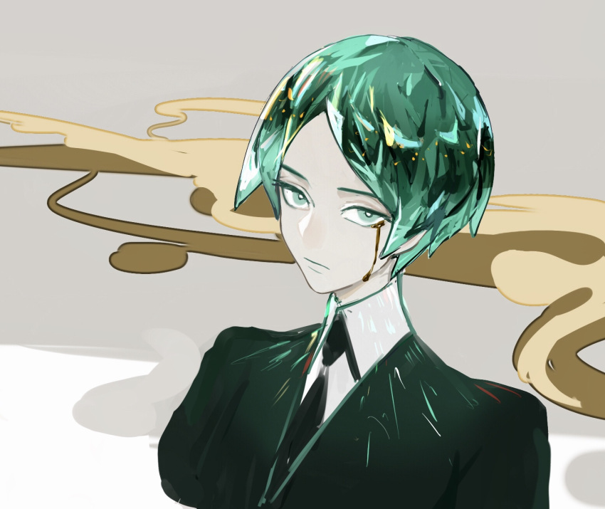 1other androgynous bangs commentary_request crying crying_with_eyes_open crystal_hair dasssv gem_uniform_(houseki_no_kuni) green_eyes green_hair highres houseki_no_kuni looking_at_viewer necktie parted_bangs phosphophyllite short_hair solo tears