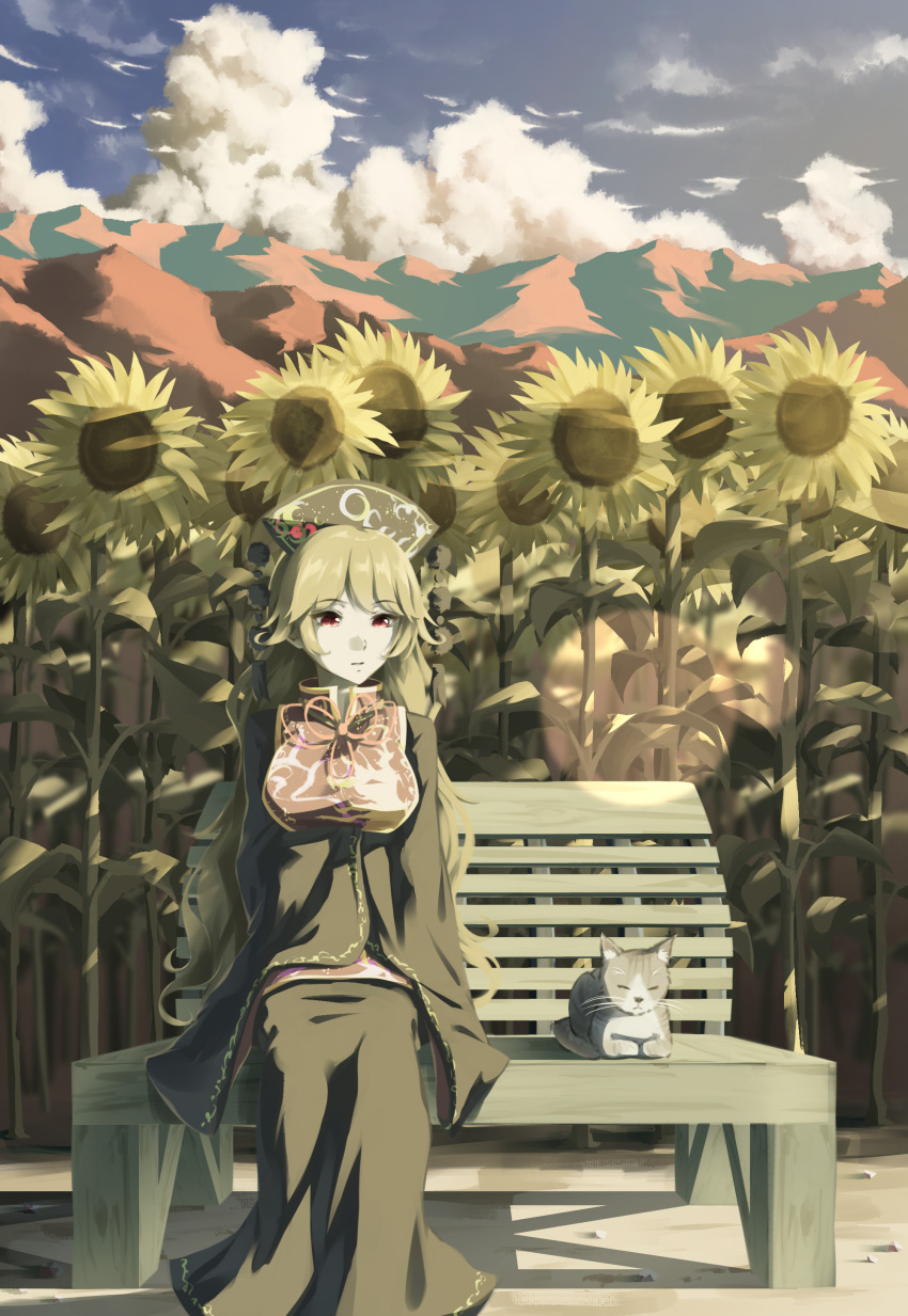 1girl absurdres animal animal_ears bangs bench black_dress black_headwear black_sleeves blonde_hair blue_sky bow bowtie breasts cat cat_ears cat_tail chinese_clothes closed_eyes closed_mouth clouds cloudy_sky colored_skin crescent dress eyebrows_visible_through_hair flower grey_skin ground hat highres junko_(touhou) leaf long_hair long_sleeves medium_breasts mountain otomeza_ryuseigun phoenix_crown pom_pom_(clothes) red_eyes red_vest scenery shadow sitting sky smile sunflower sunlight tabard tail touhou vest white_skin yellow_bow yellow_flower yellow_neckwear