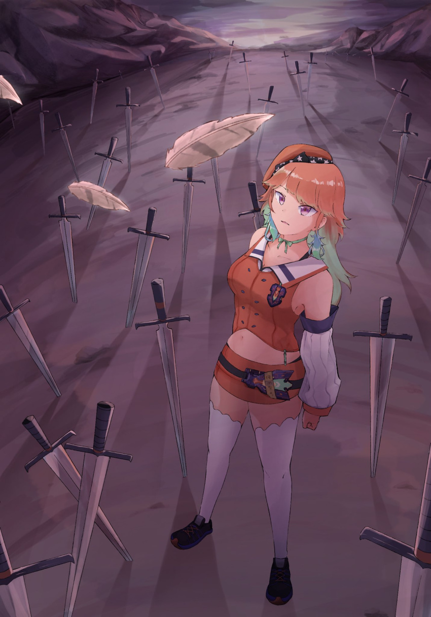 1girl bangs belt breasts choker crop_top detached_sleeves earrings falling_feathers feather_earrings feathers field_of_blades full_body gradient_hair green_hair hat highres hololive hololive_english jewelry kogawa_u long_hair looking_ahead looking_up miniskirt multicolored_hair orange_hair orange_headwear orange_shirt orange_skirt pink_eyes planted planted_sword shadow shirt skirt solo suspenders sword takanashi_kiara thigh-highs two-tone_hair unlimited_blade_works_(fate) virtual_youtuber wasteland weapon white_legwear zettai_ryouiki