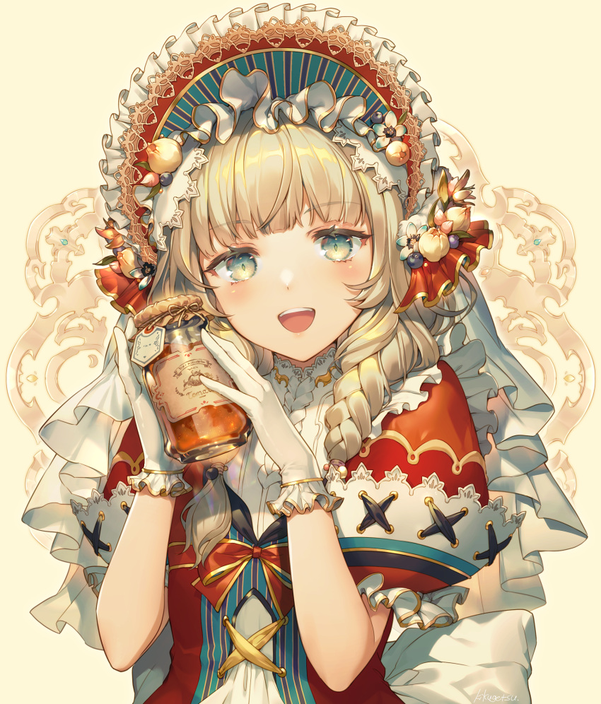 1girl :d bangs blush bonnet bottle brown_background brown_hair commentary_request dress eyebrows_visible_through_hair green_eyes hands_up highres holding holding_bottle kikugetsu open_mouth original puffy_short_sleeves puffy_sleeves red_dress short_sleeves smile solo upper_body upper_teeth