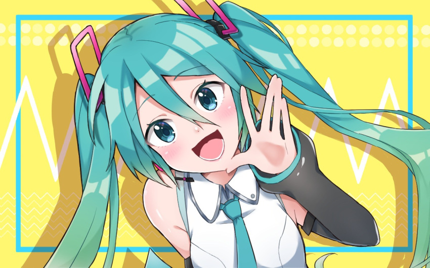 1girl aqua_eyes aqua_hair aqua_neckwear arm_behind_back bare_shoulders black_sleeves blush calling commentary detached_sleeves hair_ornament hatsune_miku hatsune_miku_(vocaloid4) headset long_hair looking_at_viewer necktie open_mouth shadow shirt sleeveless sleeveless_shirt smile solo sound_wave supo01 twintails upper_body v4x very_long_hair vocaloid white_shirt yellow_background