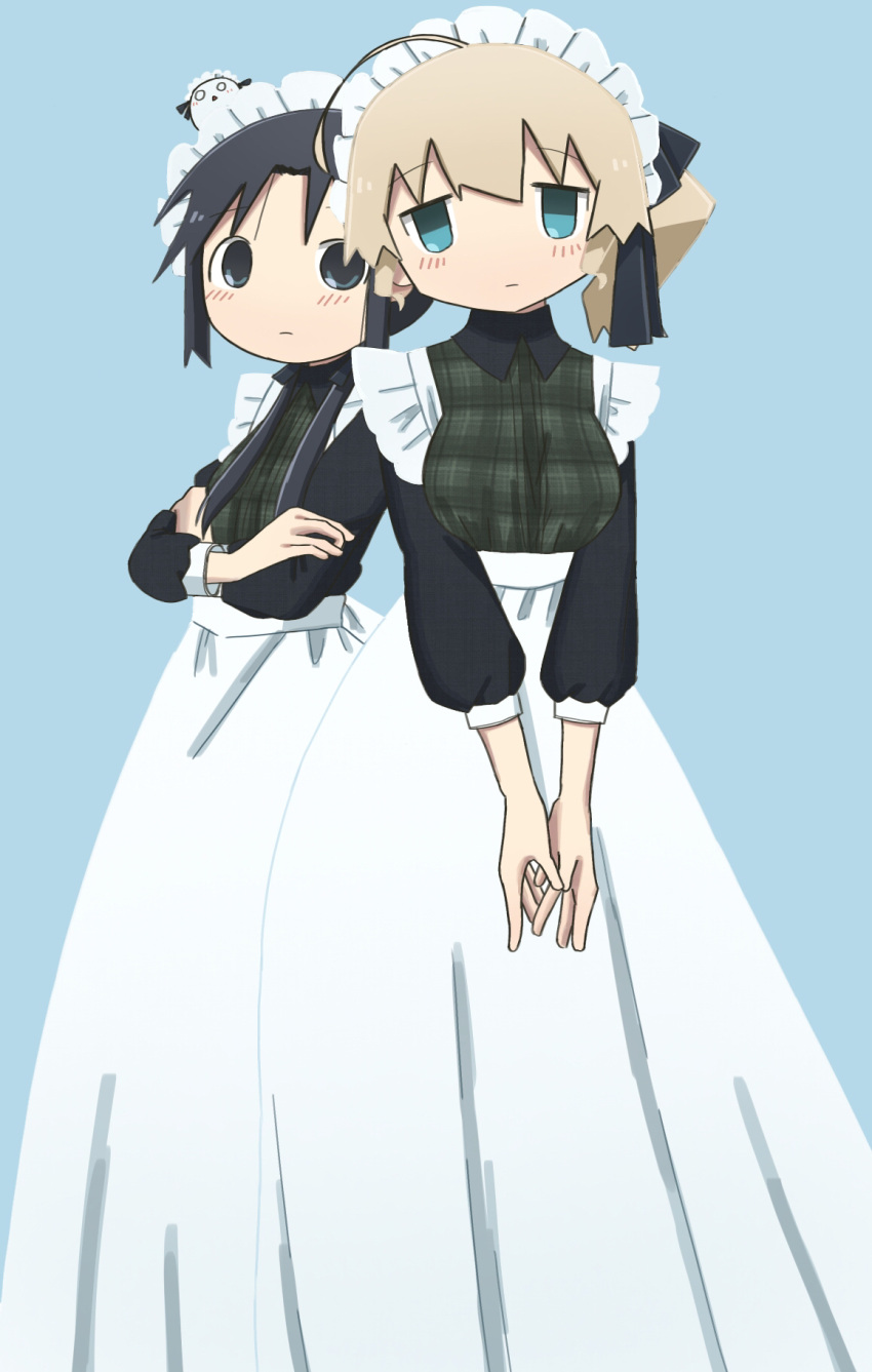 2girls apron bangs black_blouse black_eyes blonde_hair blouse blue_background blue_eyes chito_(shoujo_shuumatsu_ryokou) closed_mouth commentary_request crossed_arms eyebrows_visible_through_hair green_blouse highres light_blush long_hair long_sleeves looking_at_viewer maid maid_apron maid_headdress multiple_girls no_pupils plaid_blouse shoujo_shuumatsu_ryokou simple_background white_apron yoyohachi yuuri_(shoujo_shuumatsu_ryokou)