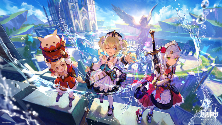 3girls :d ;d absurdres ahoge apron armor armored_boots armored_dress arms_up artist_request backpack bag bag_charm bangs barbara_(genshin_impact) blue_eyes blunt_bangs blurry boots braid cabbie_hat charm_(object) cityscape claymore_(sword) clover_print commentary_request depth_of_field detached_sleeves dodoco_(genshin_impact) drill_hair eyebrows_visible_through_hair flower full_body genshin_impact greatsword green_eyes hair_between_eyes hair_flower hair_ornament hat highres jumpy_dumpty klee_(genshin_impact) lifting light_brown_hair logo long_hair long_sleeves looking_at_viewer maid maid_apron maid_headdress multiple_girls noelle_(genshin_impact) official_art one_eye_closed open_mouth orange_eyes randoseru rose scenery short_hair sidelocks silver_hair single_braid smile standing standing_on_one_leg statue twin_drills twintails water