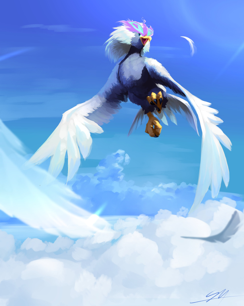 above_clouds absurdres bird blurry clouds commentary day feathers highres hisuian_braviary hisuian_form likey no_humans open_mouth outdoors pokemon pokemon_(creature) signature sky solo talons tongue