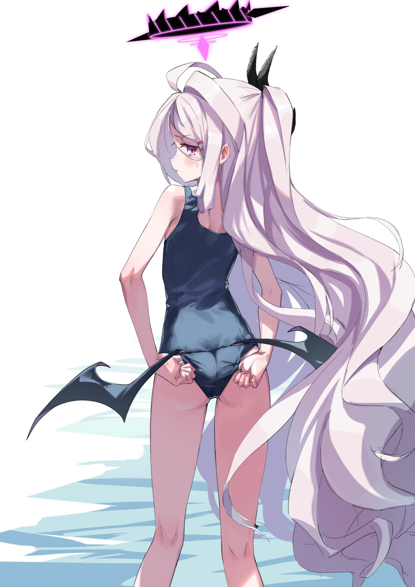 1girl absurdres ass back bare_shoulders blue_archive blush butt_crack floating_hair hair_ornament hairclip halo highres hina_(blue_archive) long_hair looking_at_viewer looking_back maao_you_you one-piece_swimsuit school_uniform silver_hair simple_background solo swimsuit very_long_hair violet_eyes white_background