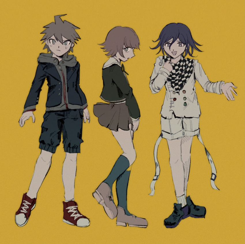 3boys alternate_costume bangs black_hair black_jacket black_legwear brown_hair buttons checkered checkered_neckwear checkered_scarf closed_mouth commentary_request dangan_ronpa:_trigger_happy_havoc dangan_ronpa_(series) dangan_ronpa_v3:_killing_harmony double-breasted from_side fujisaki_chihiro full_body green_shirt grey_jacket grey_shorts hair_between_eyes highres hood hoodie jacket kneehighs long_sleeves male_focus miniskirt multiple_boys naegi_makoto open_clothes open_jacket open_mouth otoko_no_ko ouma_kokichi profile scarf sema_(vivaviva_02) shirt shoes shorts simple_background skirt sneakers yellow_background