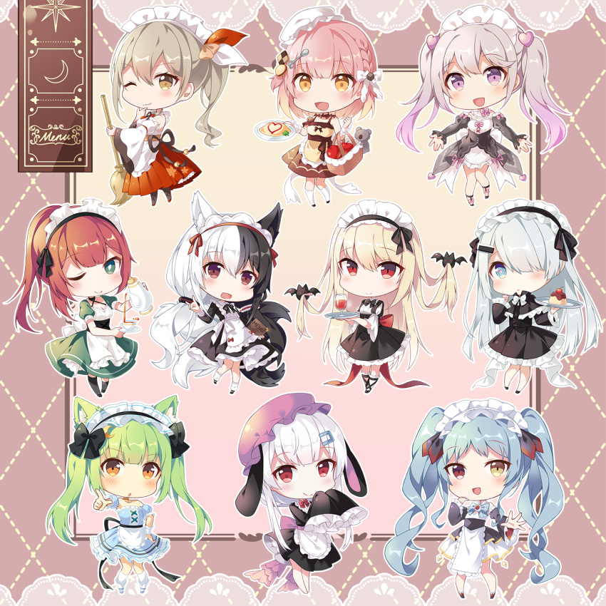 6+girls aki_rinco alice_mana alice_mana_channel animal_ears cake chibi chucolala coffee_cup coffee_pot cup disposable_cup enfer_mirei food hair_over_one_eye highres hinata_cocomi hiseki_erio hyperz indie_virtual_youtuber komori_chiyu long_hair looking_at_viewer maid multiple_girls noir_(noworld) noworld omurice one_eye_closed ponytail project-sp pudding_(project-sp) red_eyes shiina_nanoha shiro_kuma_shake smile twintails virtual_youtuber white_hair xinyue_bingbing