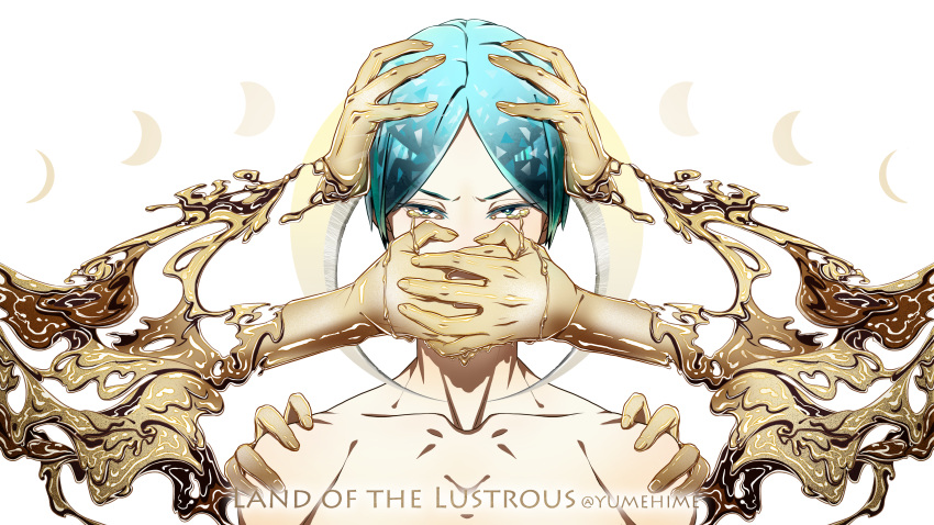 1other absurdres androgynous bangs colored_eyelashes copyright_name crying crying_with_eyes_open crystal_hair gold golden_arms green_eyes green_hair hands_on_another's_face highres houseki_no_kuni looking_at_viewer molten_metal parted_bangs phosphophyllite short_hair solo tears white_background yumehime