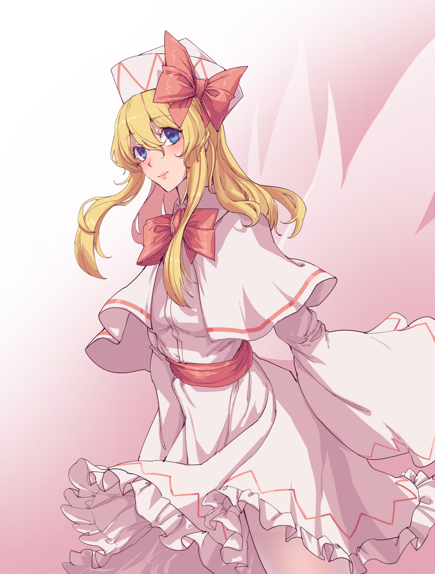 1girl absurdres blonde_hair blue_eyes bow breasts cape cowboy_shot dress fairy_wings frilled_dress frills gradient gradient_background hat hat_bow highres light_smile lily_white lips long_hair long_sleeves looking_at_viewer pantyhose pink_background pink_bow robe sash sidelocks small_breasts solo stank thighs touhou white_legwear wide_sleeves wings