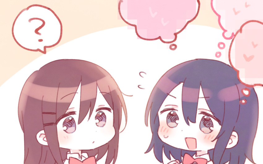 2girls :d ? absurdres adachi_sakura adachi_to_shimamura bangs black_hair blush bow brown_background brown_hair censored closed_mouth eyebrows_visible_through_hair flying_sweatdrops grey_eyes hair_between_eyes heart highres long_hair mosaic_censoring multiple_girls open_mouth portrait red_bow shimamura_hougetsu smile sorimachi-doufu spoken_question_mark thought_bubble two-tone_background violet_eyes white_background