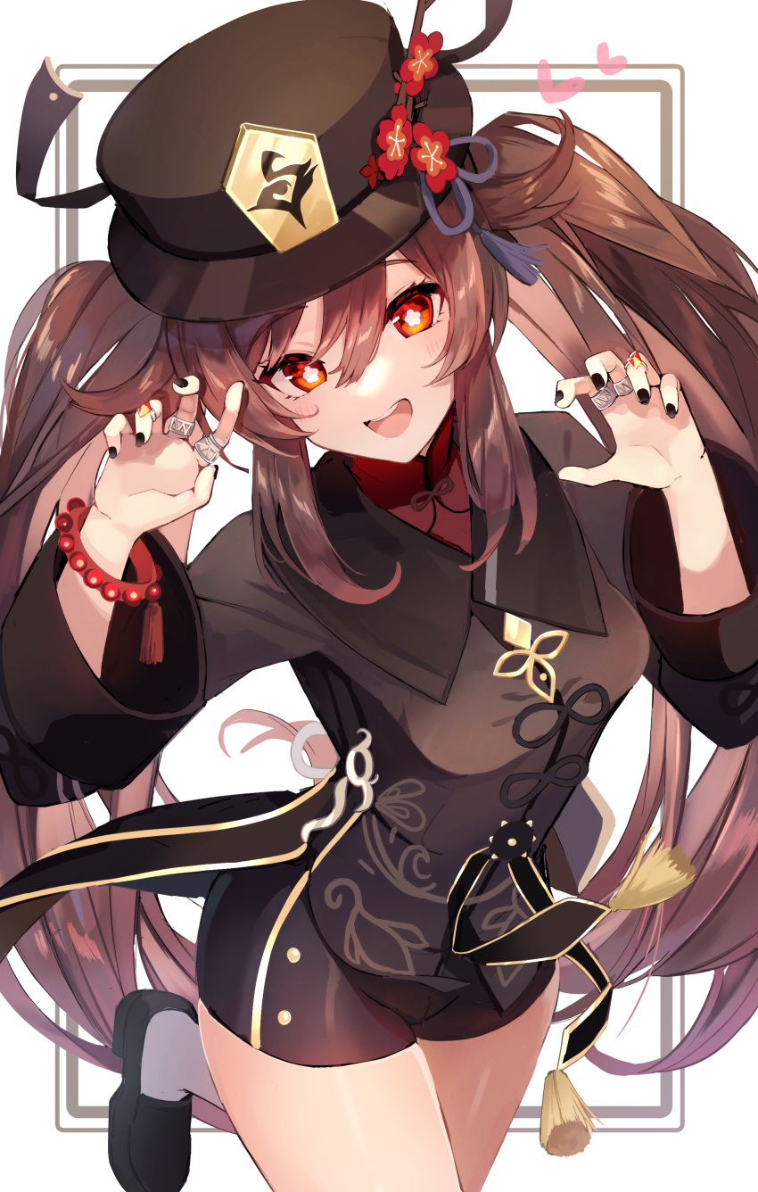 1girl :d absurdres bangs black_footwear black_headwear black_nails black_shorts breasts brown_eyes brown_hair brown_jacket commentary eyebrows_visible_through_hair flower flower-shaped_pupils genshin_impact goroo_(eneosu) hair_between_eyes hands_up hat hat_flower heart highres hu_tao_(genshin_impact) jacket jewelry loafers long_hair long_sleeves looking_at_viewer nail_polish red_flower revision ring shoes short_shorts shorts small_breasts smile socks solo standing standing_on_one_leg symbol-shaped_pupils teeth twintails upper_teeth very_long_hair white_background white_legwear