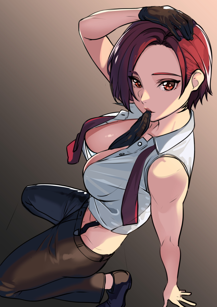 1girl absurdres bare_shoulders biting biting_clothes breasts gloves hand_on_own_head highres kagematsuri kneeling midriff necktie red_eyes redhead shirt shoes short_hair single_glove sleeveless sleeveless_shirt suspenders the_king_of_fighters unbuttoned unbuttoned_shirt untied vanessa_(kof)