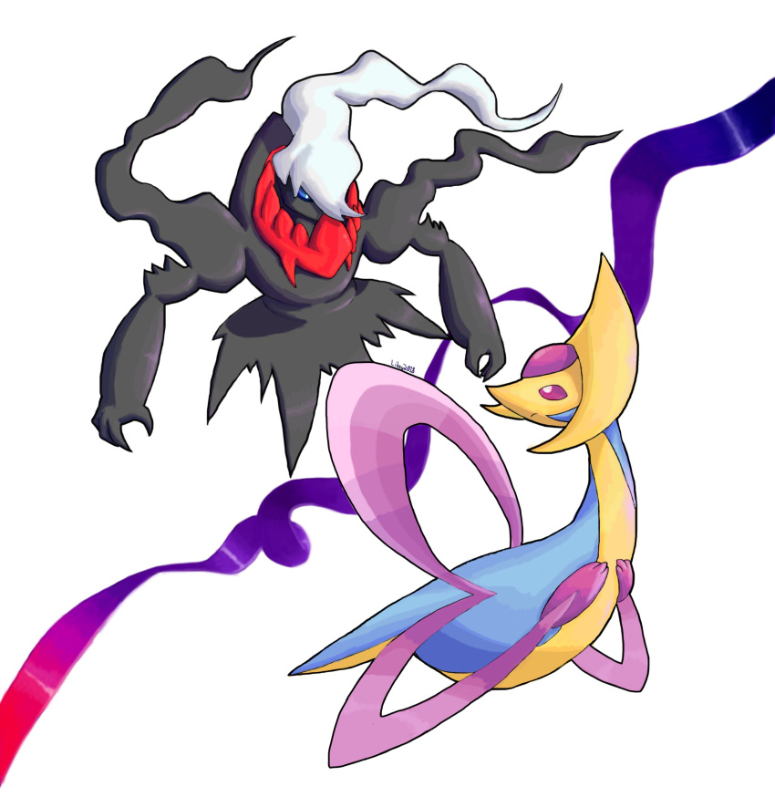 absurdres blue_eyes closed_mouth commentary cresselia darkrai english_commentary gen_4_pokemon highres legendary_pokemon likey looking_back mythical_pokemon no_humans pokemon pokemon_(creature) simple_background violet_eyes white_background